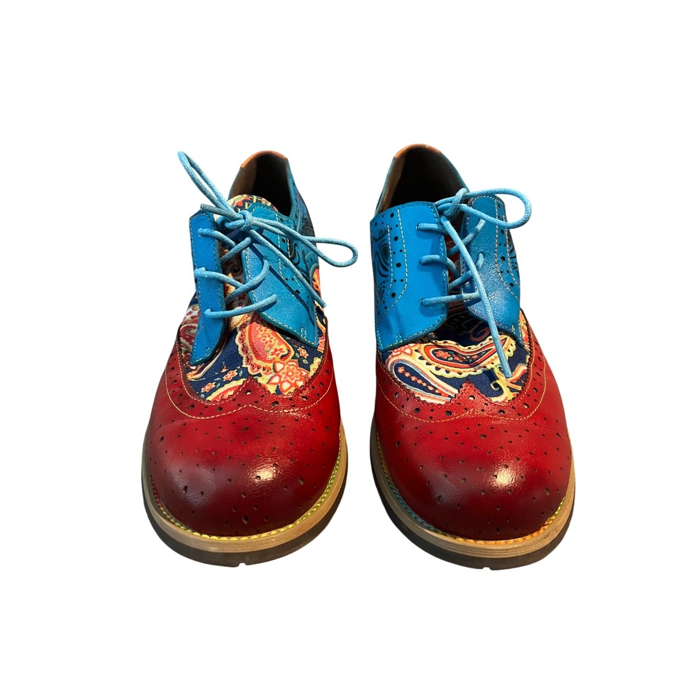 Colorful Paisley SZ 42 Wingtip Oxford Shoes‎ Mixed Media Brogue Cognac Leather